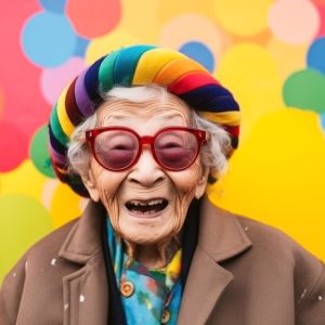 Das Geheimnis der 100-Jährigen: Eine alte glückliche Frau vor einem bunten Hintergrund.