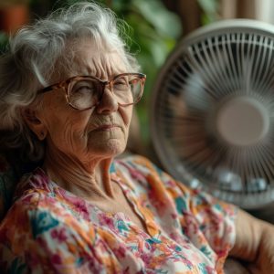 Symbolbild zum Thema Hitzetipps: Eine Seniorin sitzt vor einem Ventilator.
